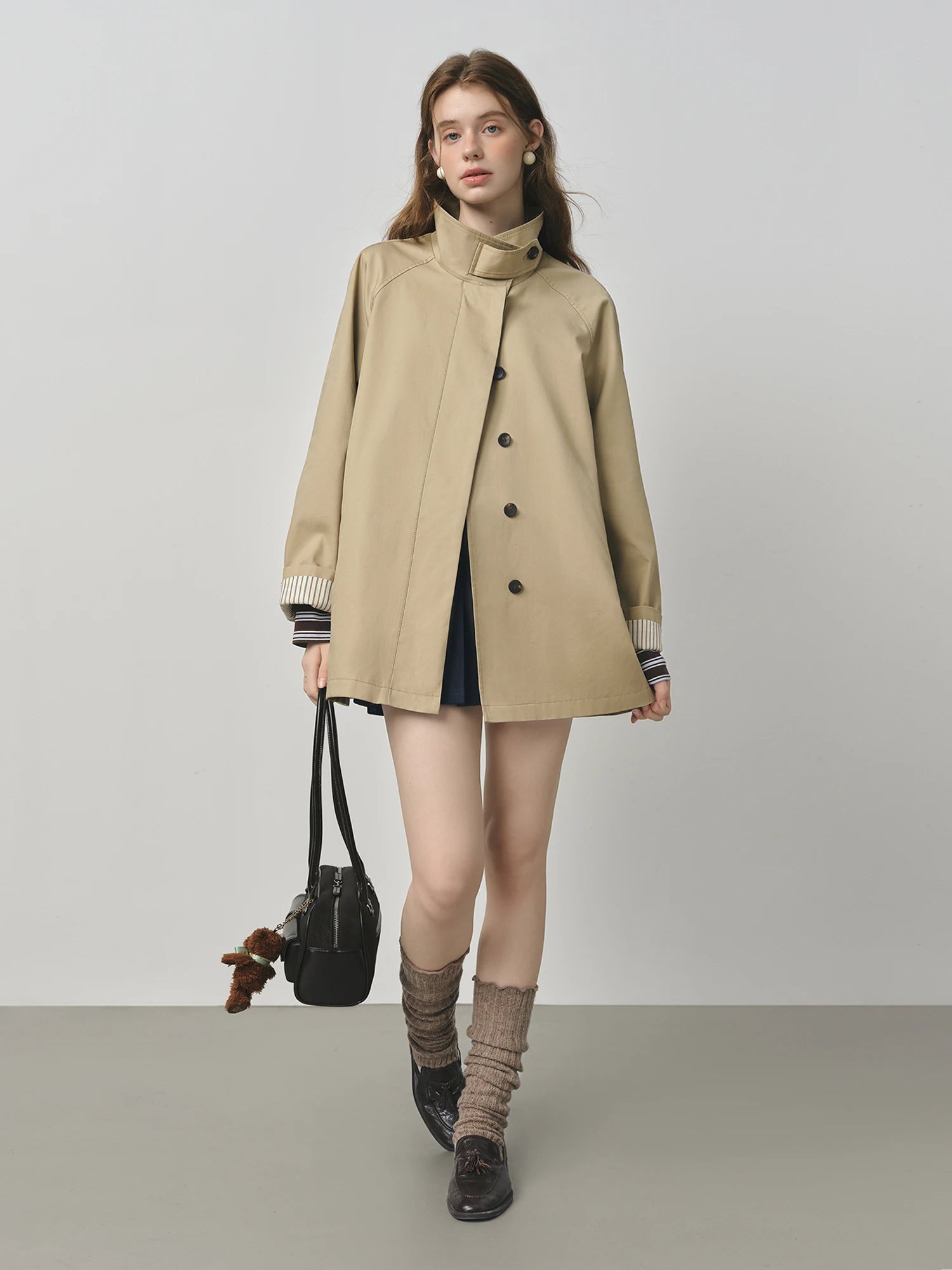 FSLE British Style Design Stand Collar Windbreaker Trench Jacket for Women 2025 Autumn New Arrival Casual Chic Coats for Women