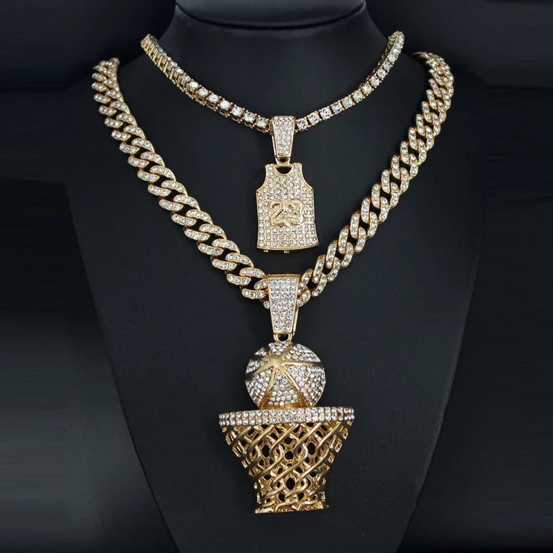 Hip Hop Rhinestone Number 23 Basketball Pendant Necklace Hiphop Iced Out Chain Sports Necklaces For Men and Women Jewelry Gift