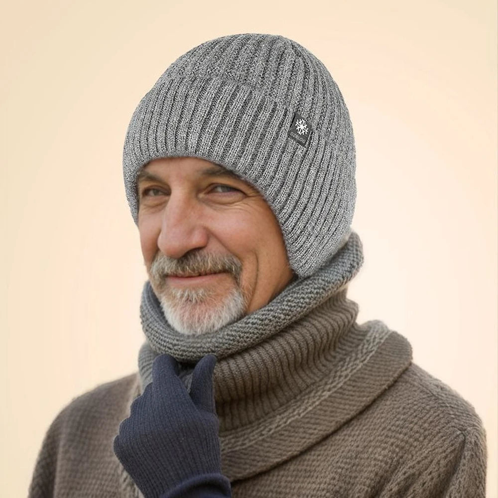 2pcs Winter Cycling Fleece Hats Knitted Plush Warm Outdoor Sports Cap Scarf for Women Men Hat Windproof Ski Ear Protection Gift