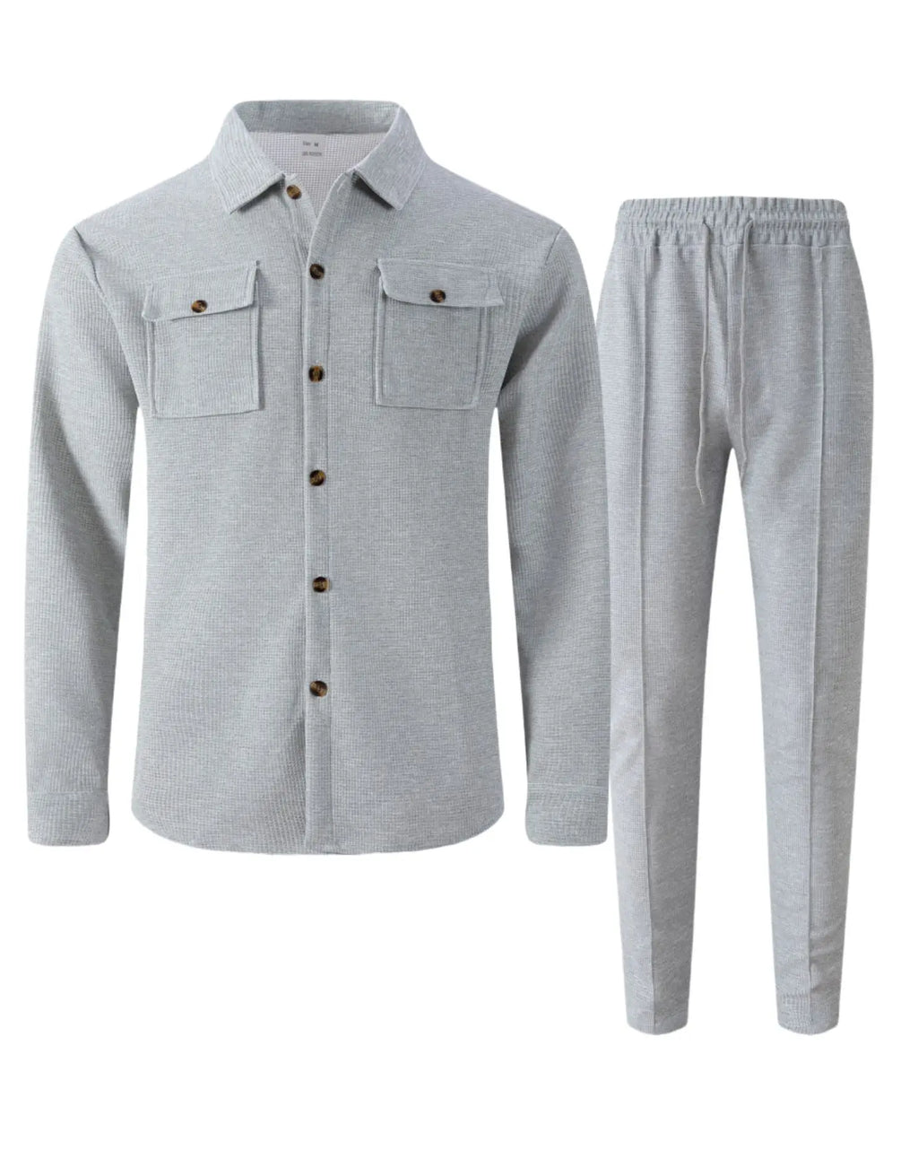 Men's casual two-piece waffle texture suit (including button-down top and elastic waist pants) - fashionable street casual sport