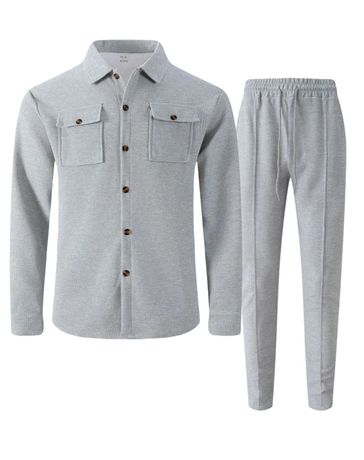 Men's casual two-piece waffle texture suit (including button-down top and elastic waist pants) - fashionable street casual sport