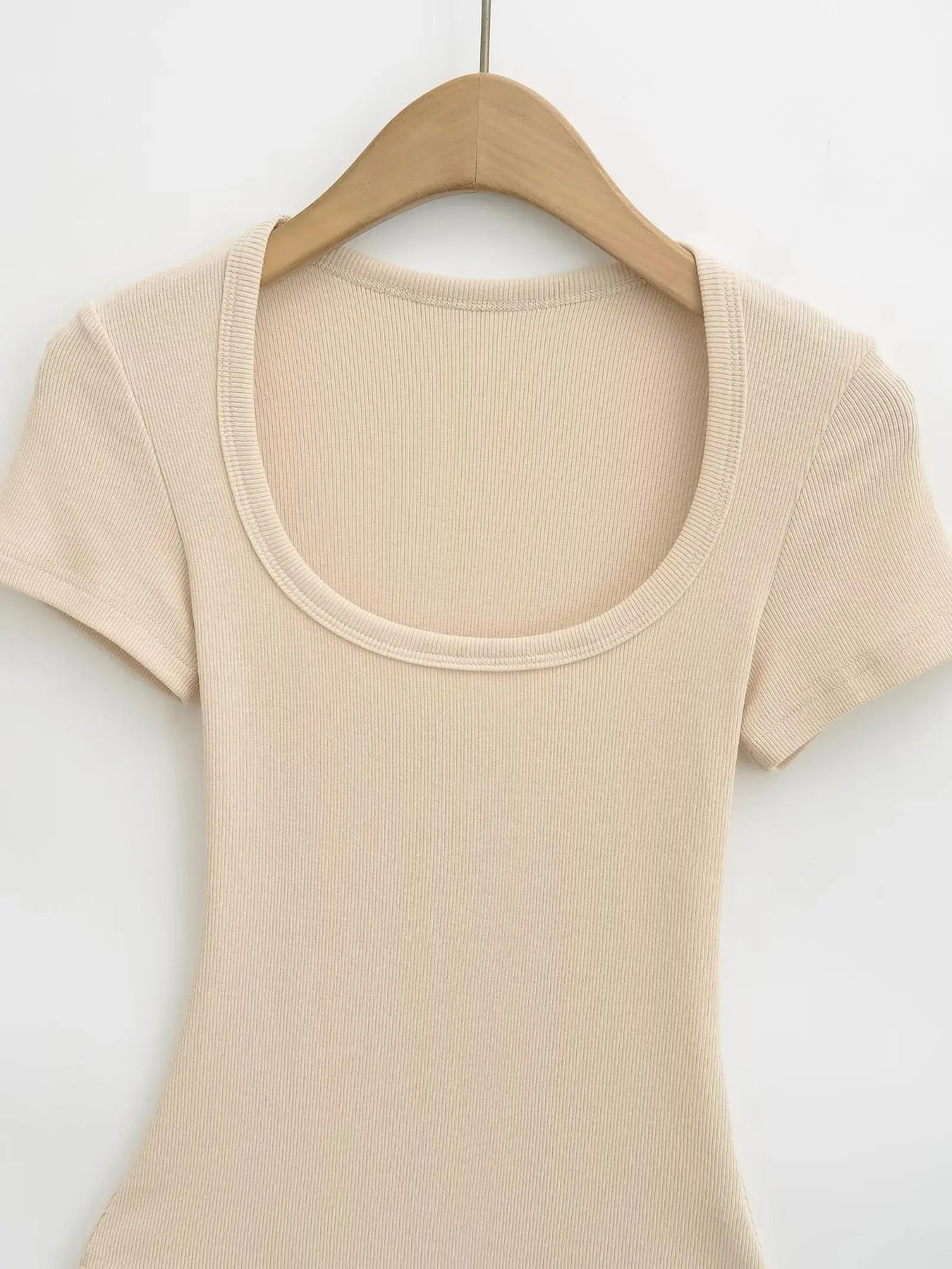 Women Short Sleeve Square Collar Bodysuits Summer Rib Knitted Elastic Slim Top Jumpsuits Solid Color