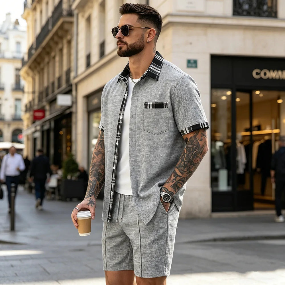 Summer New Waffle Set, Men's Plaid Spliced Short-Sleeve Shirt & Shorts, Casual Two-Piece Outfit F156D