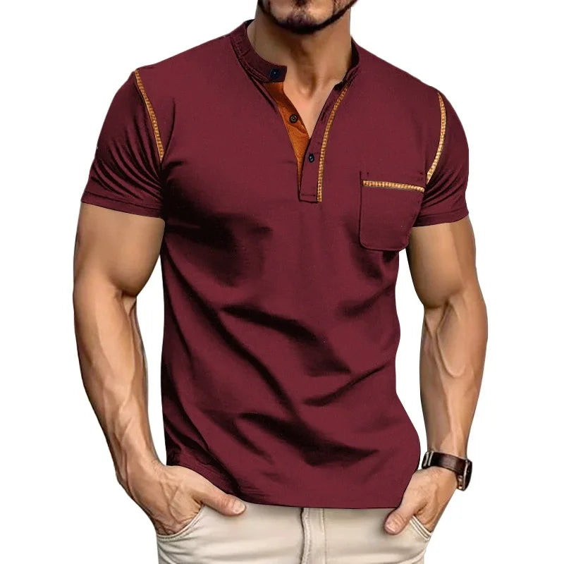 Summer men's fashionable Henry collar half-button short-sleeved moisture-wicking breathable casual American stretch T-shirt top