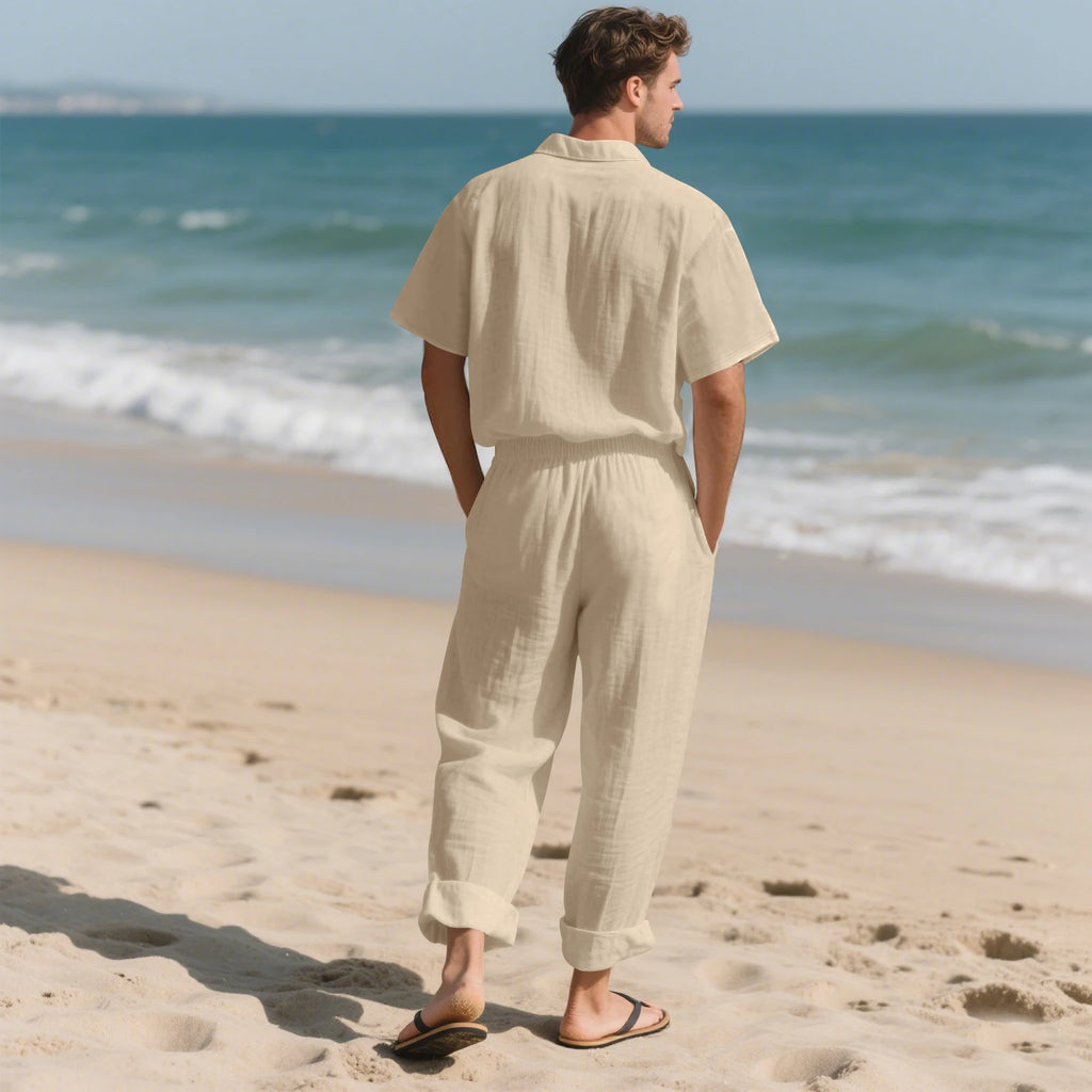 2025 New Arrival Men's Casual Tracksuit Linen Shirt and Pants Set Breathable Summer Outfits for Beach and Daily Wear