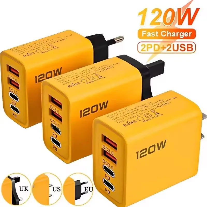 4 Ports 120W Charger USB C PD Quick Charge 3.0 Type C USB Phone Chargers Fast Charging Adapter For iPhone Samsung Xiaomi Huawei