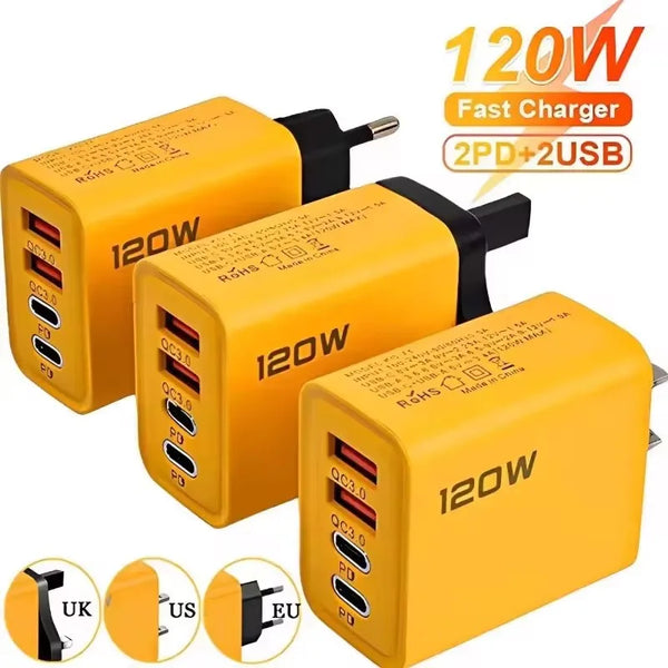 4 Ports 120W Charger USB C PD Quick Charge 3.0 Type C USB Phone Chargers Fast Charging Adapter For iPhone Samsung Xiaomi Huawei