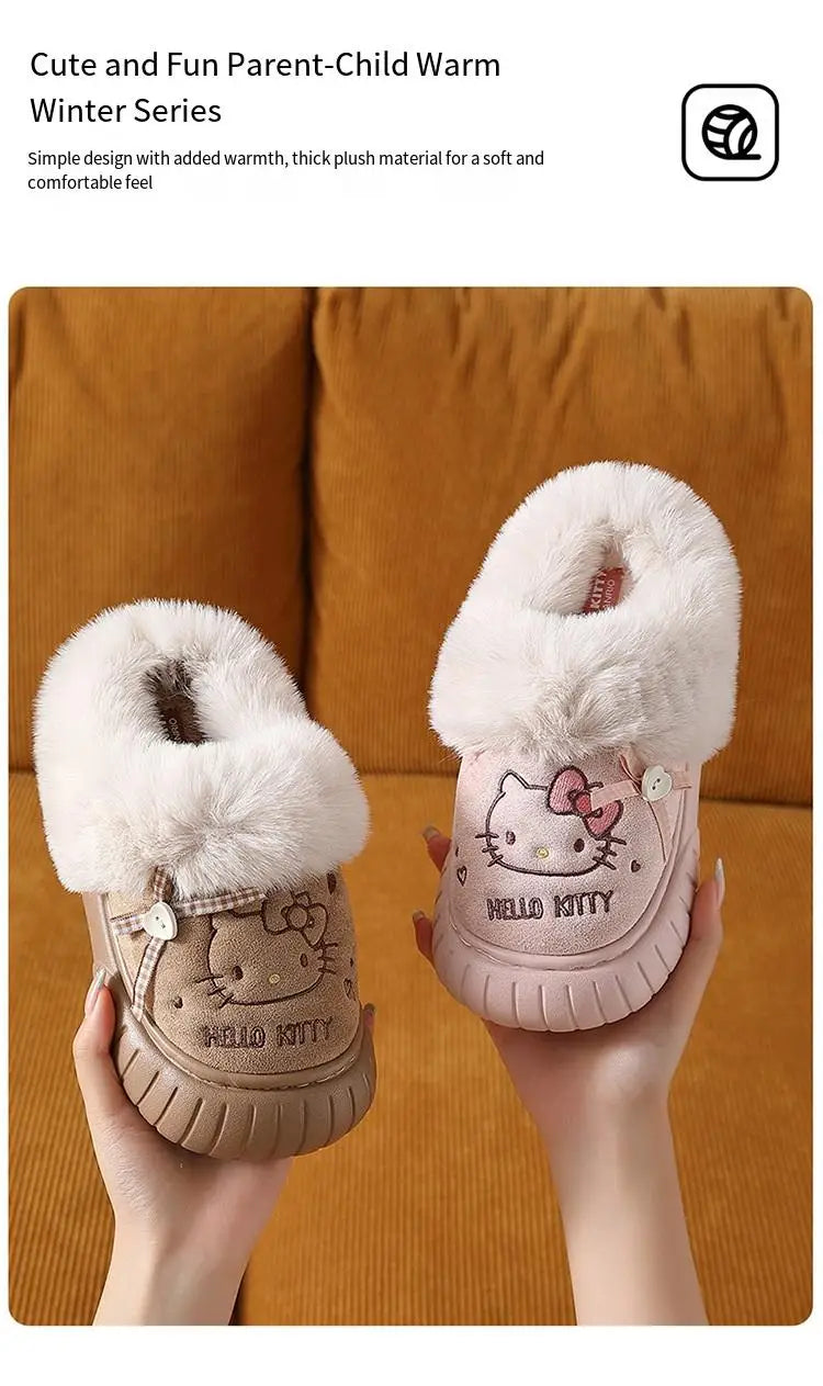 Cartoon Sanrio Hello Kitty Thick Sole Plush Cotton Slippers Anime Women's Winter Warm New Anti-Slip Wear-Resistant Home Shoes
