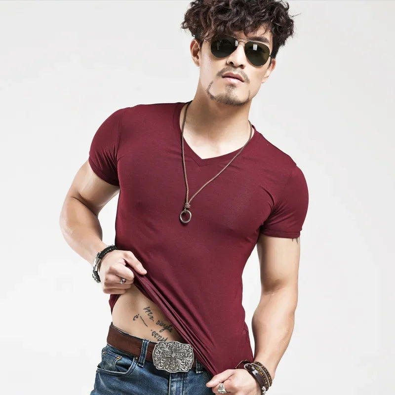 2026 Brand New Men T Shirt Tops V neck Short Sleeve Tees Men's Fashion Fitness Hot T-shirt For Male Man T-shirt Size 5XL