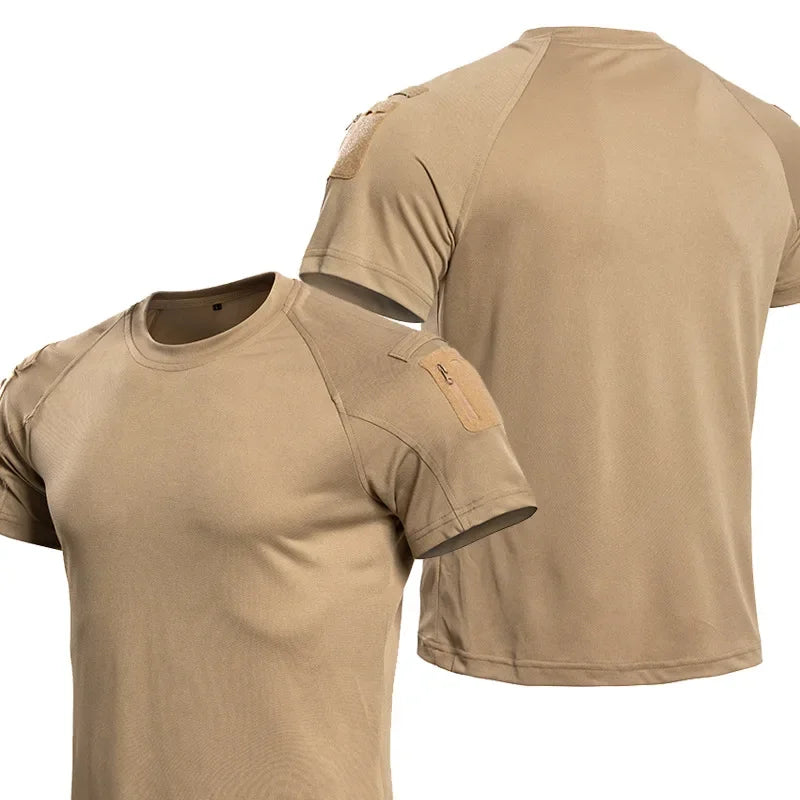Men's Tactical T-Shirt Short Sleeve Quick Dry Breathable Lightweight Combat Tee with Shoulder Zip Pocket for Hiking Camping Tops