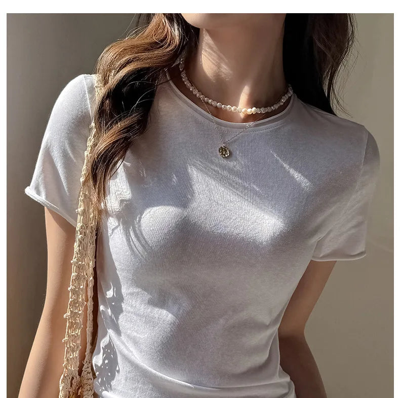 Solid Color Slim Fit Short Sleeve T Shirt for Women Summer New Cotton Blended Basic Tees Woman Thin Breathable Crew Neck T-shirt