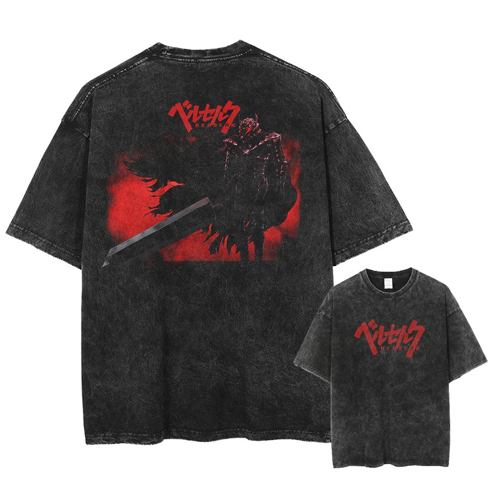 Anime Berserk Guts Printed Washed T-shirt Men Manga Street Tshirts Washed Cotton Harajuku Male Vintage Gothic Tops T Shirt