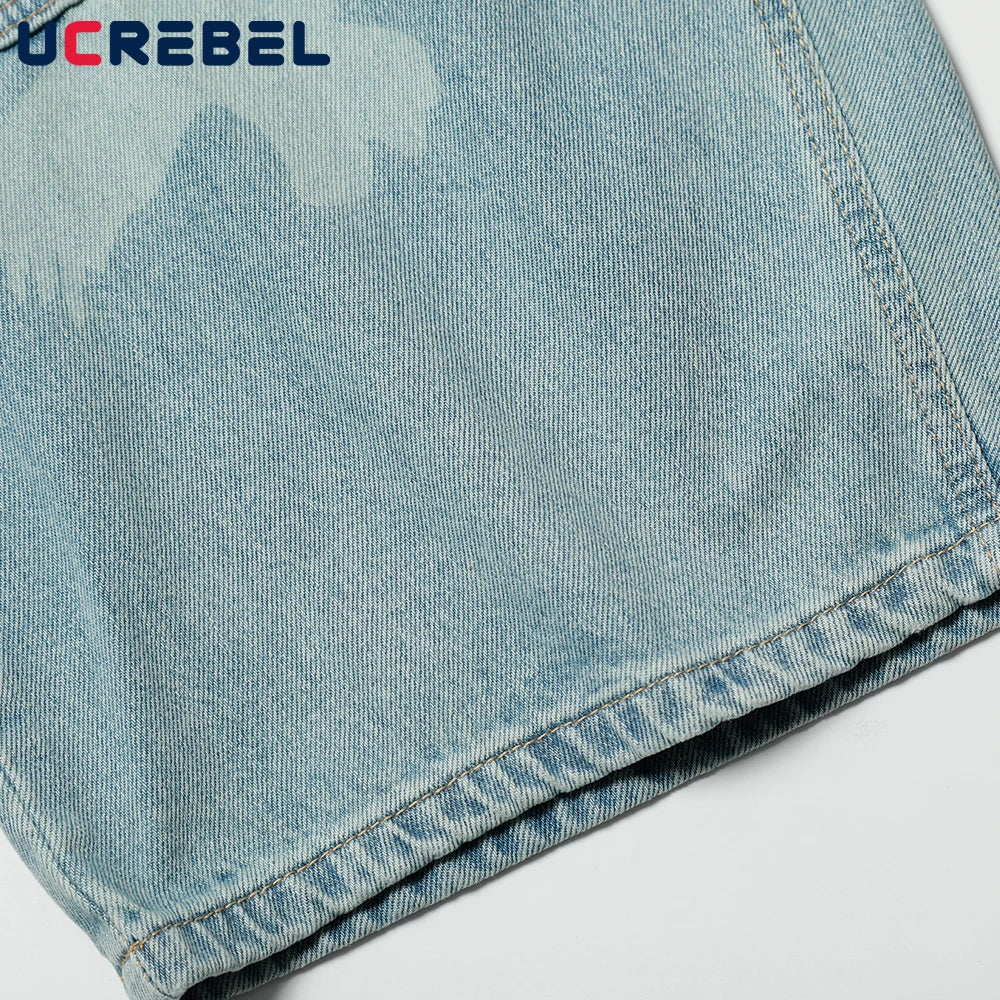 Pigeons Print Carpenter Denim Pant Mens Pocket Retro High Street Washed Distressed Loose Wide Leg ARC 3D JEANS