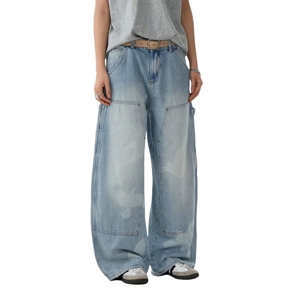 Pigeons Print Carpenter Denim Pant Mens Pocket Retro High Street Washed Distressed Loose Wide Leg ARC 3D JEANS