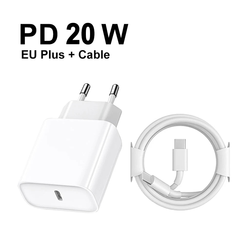 PD Charger 20W Fast Charging USB Type C Power Adapter For iPhone Apple 17 16 15 Pro Max iPad XiaoMi Samsung Quick Charger Cable