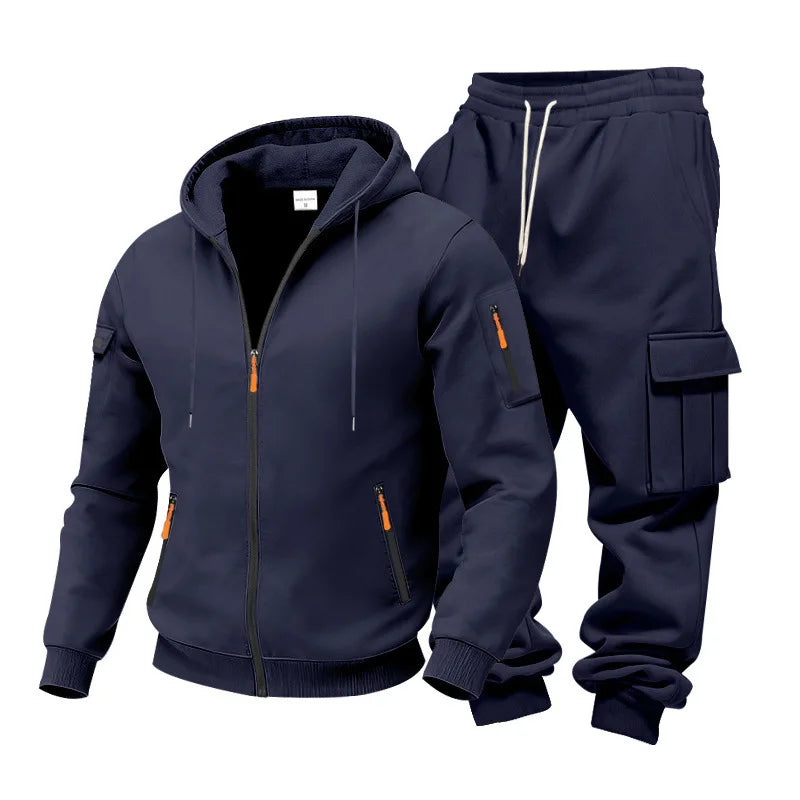 Men's Full Zip Hooded Tracksuit 2 Piece Set Casual Cargo Pocket Jogger Suit Outdoor Sports Hoodie And Pants Set