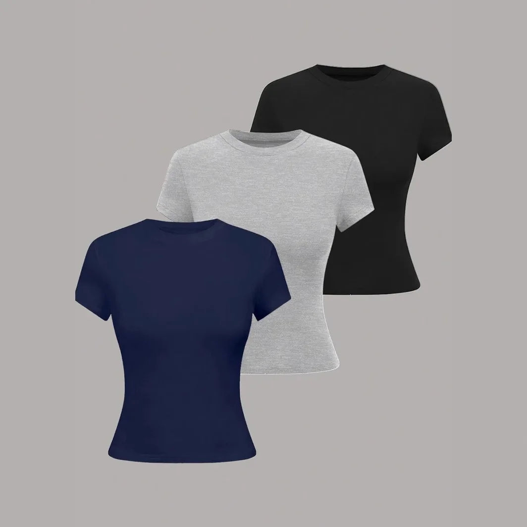 3pcs Sale Women's T-shirts Summer Round Collar Short Sleeve Slim Solid Color Tee Tops YDFS-53001