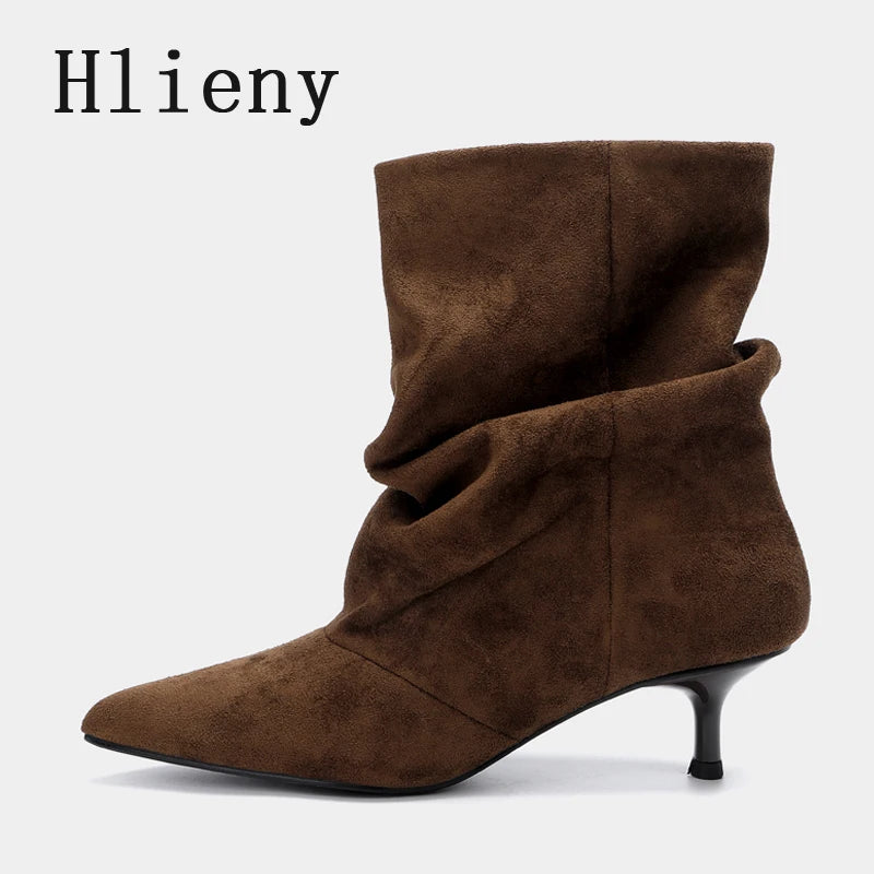 Liyke Winter Pleated Suede Women Shoes Pointed Toe Low Thin Heels Female Brown Retro Elegant Designer Ankle Boots Bottes Femme