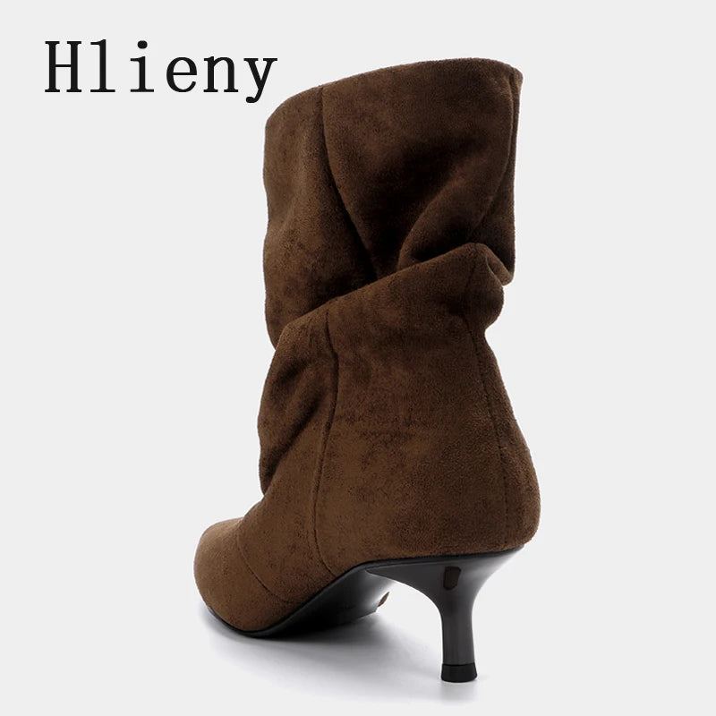 Liyke Winter Pleated Suede Women Shoes Pointed Toe Low Thin Heels Female Brown Retro Elegant Designer Ankle Boots Bottes Femme