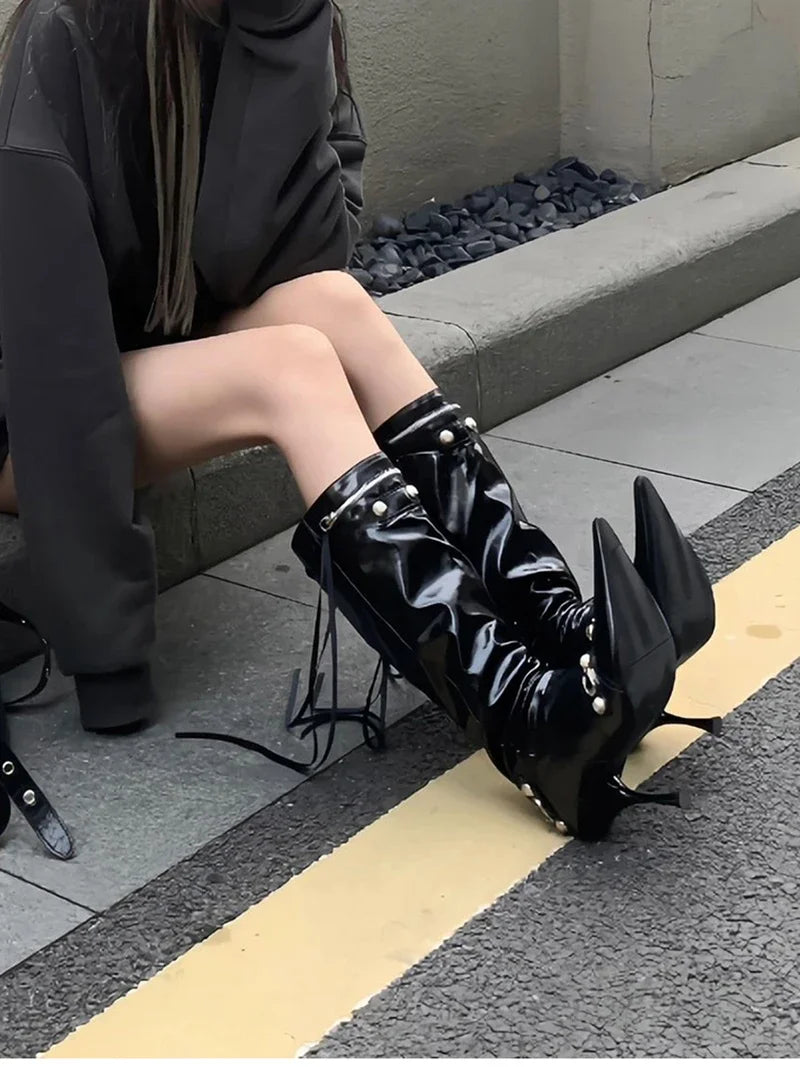 New Women Knight High Boots Fashion Tassels Side Zippers Ladies Elegant Pointed Toe Long Booties Women's Footwear