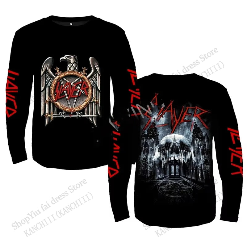 Rock Slayer Band 3D Print Long Sleeve Crew Neck T-shirt Men Women Fashion Oversized Tops Tees Metal Tshirt Mens Clothing Skull