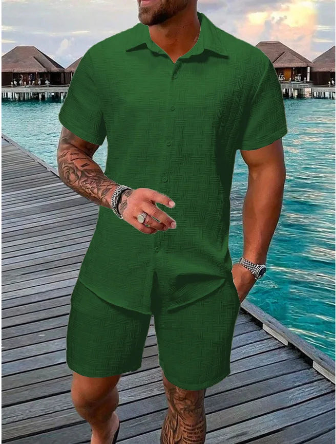 Summer Solid color Cotton linen Men's Shirt Set Fashion lapel Jacquard Short-sleeved Shirt Shorts 2 Piece Set Men's Shorts Suit