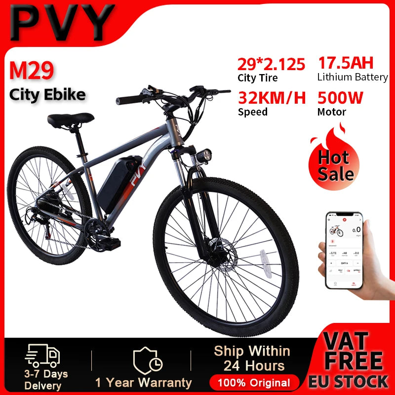 PVY M29 Electric Bike 500W Family E-Bike 29 Inch Electric Moped for Adult E Bike 32 Km/h 48V17.5Ah Folding Electric Bicycle