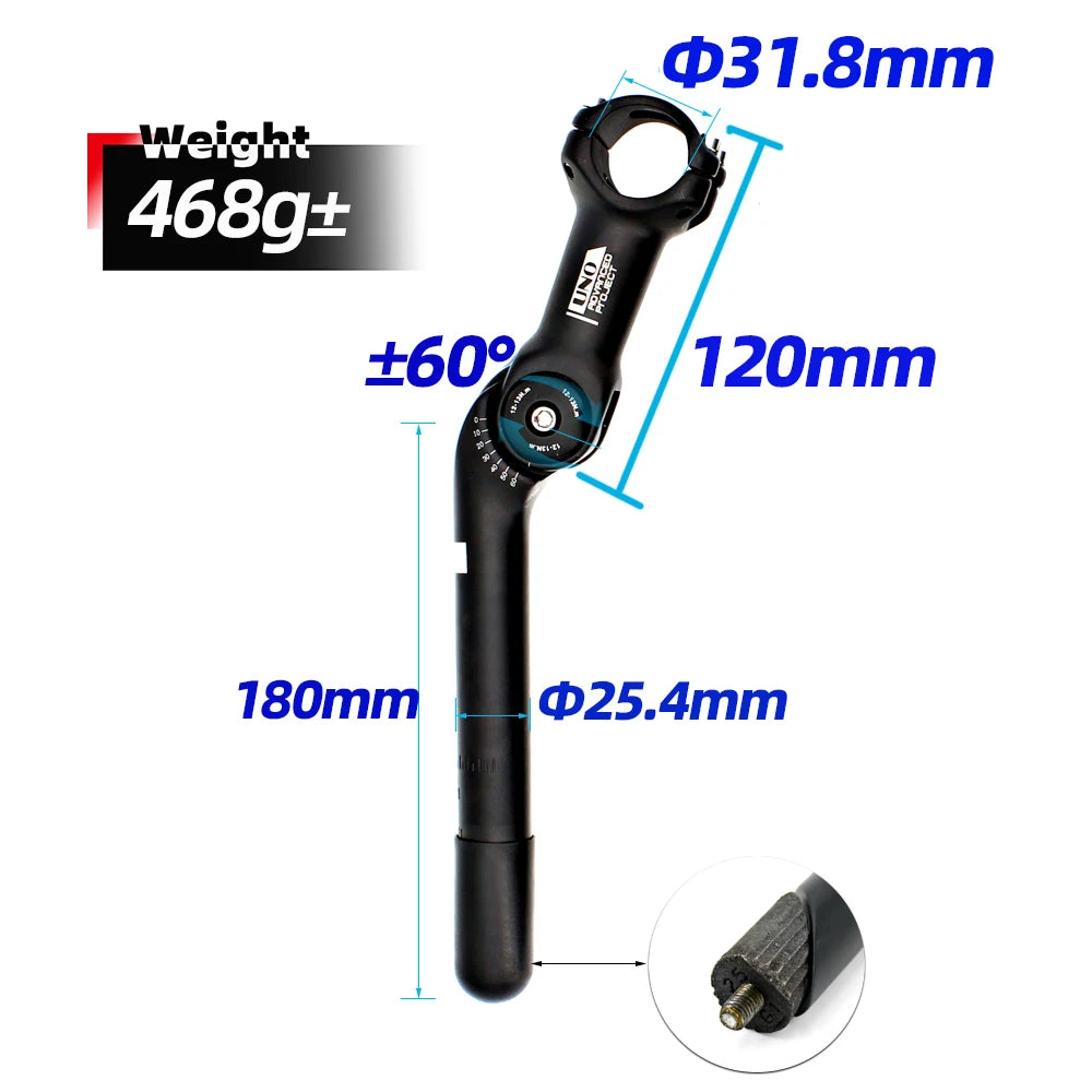 UNO Adjustable Bike Quill Stem 60 Degree Handlebar Stem Riser City Bicycle Front Fork Stem With Quill 25.4 x180mm Stem Extender