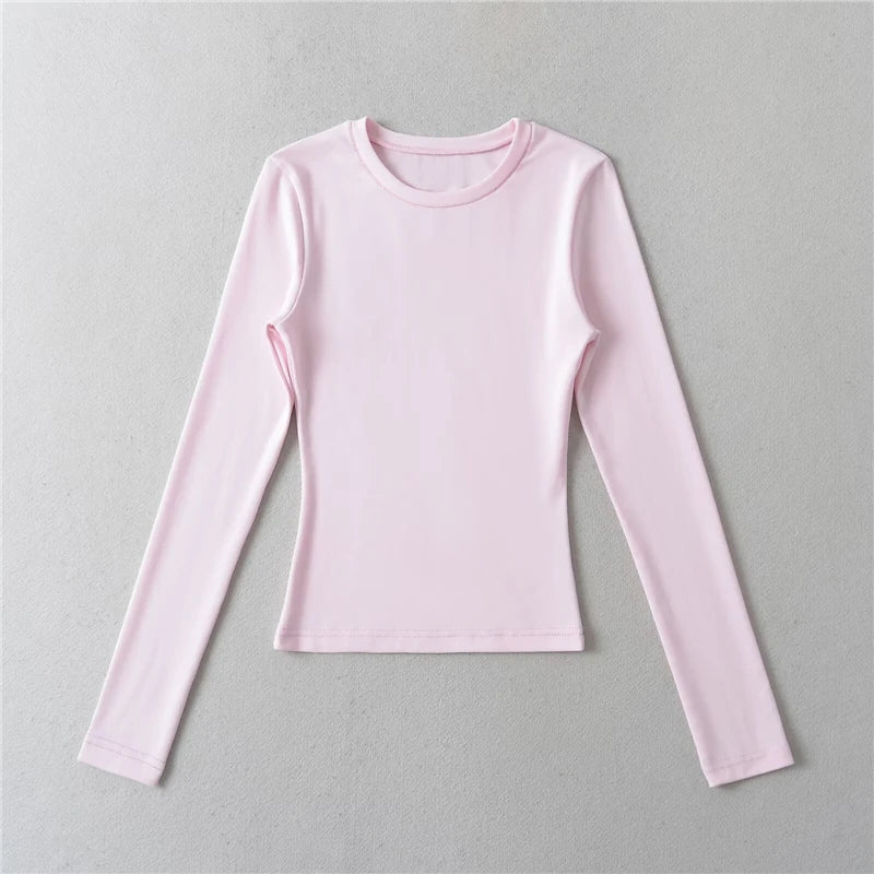 LUNDUNSHIJIA O-neck Long Sleeve T-shirts For Women 2025 New Spring Ladies Solid Cotton Slim Tee Shirts 10 Colors