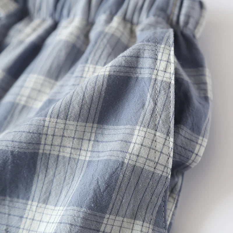 New 2026 Men's Sleepwear Pajama Shorts Plaid Design 100% Cotton Casual Loose Double-layer Homewear Sleep Bottoms Male Home Pants