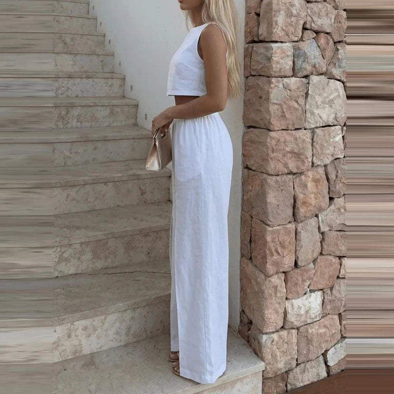 Elegant Lady Simple Commute Outfits Casual O-neck Solid Crop Tops&Split Pants Sets Summer High Waist Pocket Pants Two Piece Sets