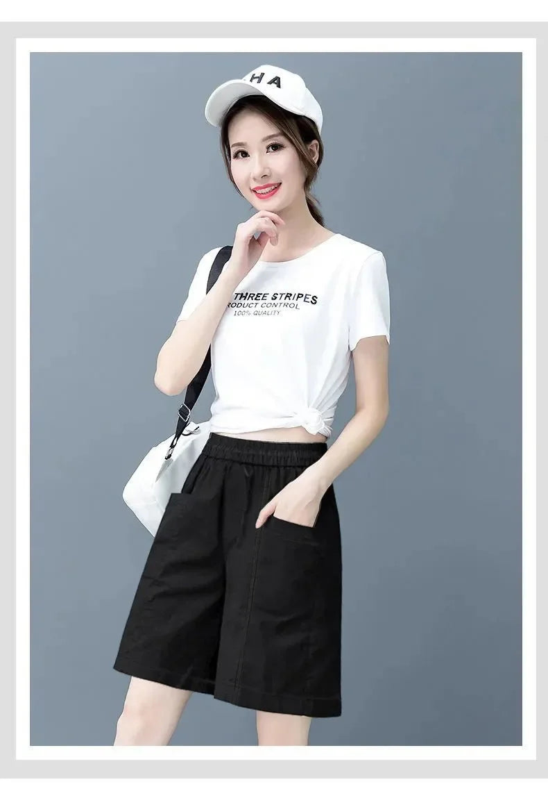 Summer Casual Loose High Waist Slimming Cotton Wide Leg Five-Quarter Length Women's Shorts Versatile Workwear Style Shorts