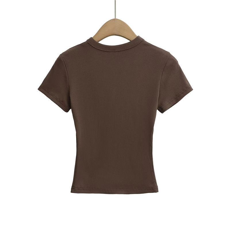 LUNDUNSHIJIA 2025 Summer Sexy Women Basic Small O-neck Short Sleeve T-shirt Ladies Slim Elasticity Cotton Short Style Tee Tops