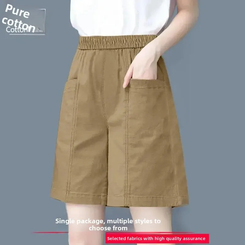 Summer Casual Loose High Waist Slimming Cotton Wide Leg Five-Quarter Length Women's Shorts Versatile Workwear Style Shorts