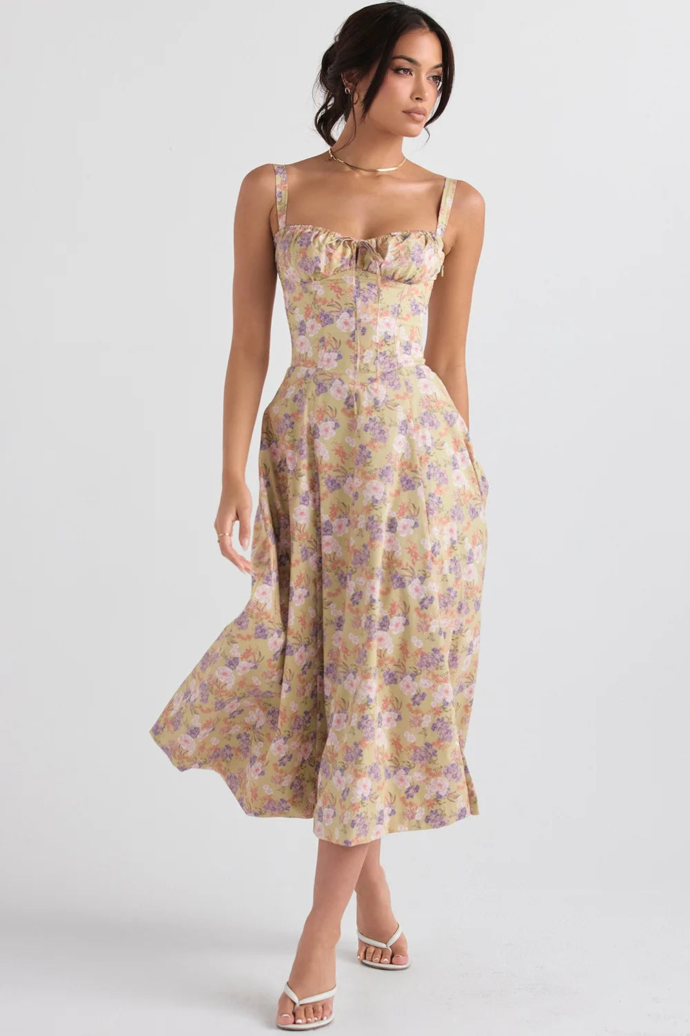 Vintage Floral Print Corset Sundress Midi Milkmaid Dresses Women's Sexy A-line Bandage Sun Dress 2025 Summer Yellow White Blue