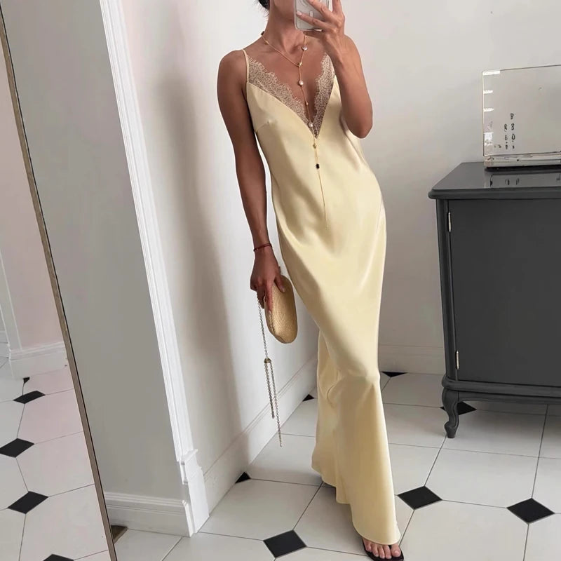 Elegant Solid Color Slim Women's Dress Summer Sexy Lady Hollow Out Vestidos Dress Fashion V-neck Lace Spliced Satin Maxi Dress