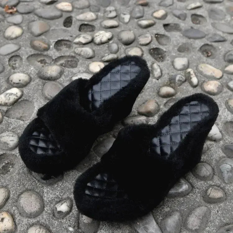 New Fur Slippers Women's Wedge Heel Shoes Women High-heeled Furry Drag Fashion Outdoor All-match Shoes Slippers Furry Slides