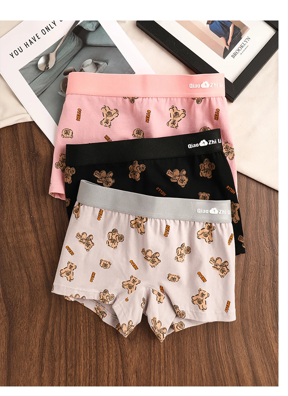 3PCS/Pack Autumn Winter Cotton Cute Bear Print Women's Panties Antibacterial Breathable Crotch Underwear Comfortable Soft Linger