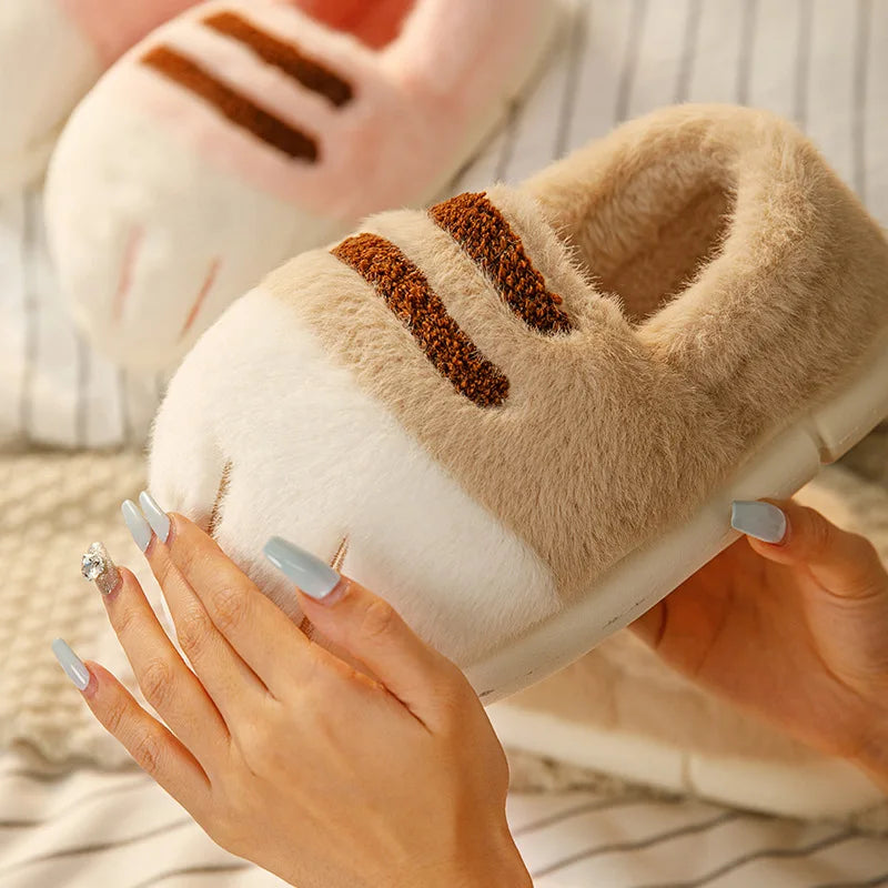 Newest cat paw feet slippers woman fluffy closed heel home shoes for women winter warm slip on animal claw slipper furry loafer