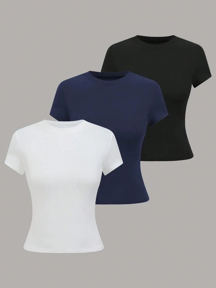 3pcs Sale Women's T-shirts Summer Round Collar Short Sleeve Slim Solid Color Tee Tops YDFS-53001