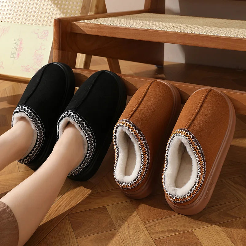 Comfort Thick Bottom Cotton Slippers Women 2025 Winter Warm Thick Plush Non Slip Furry Clogs Shoes Embroidery Suede Snow Boots