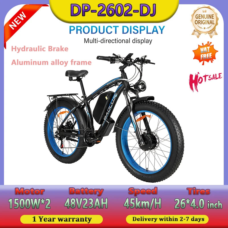 Electric bicycle 3000W Dual Motor 48V23AH All terrain Mountain Off road Snowfield EBike Hydraulic brake Commute 26 inch Fat Tire