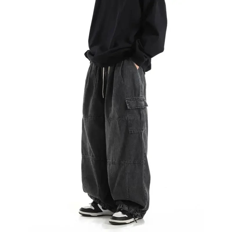 Y2k Black Baggy Cargo Jeans Trousers Men Streetwear Casual Hippie Jogging Wide Leg Oversize Long Male Denim Pants