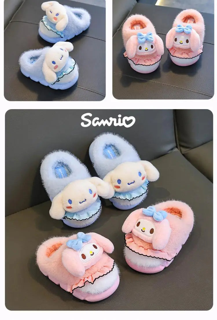 Sanrio Kawaii Girls Plush Slippers Cute Kuromi Hello Kitty My Melody Cartoon Student Winter Home Indoor Anti-Slip Warm Shoes