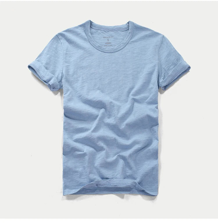3018 Summer Fashion Short Sleeve Thin T-shirt Solid Color Simple Classic Soft Cozy Round Neck Slub Cotton Men's Casual Tops Tees