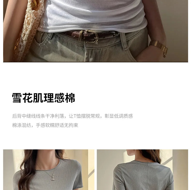 Solid Color Slim Fit Short Sleeve T Shirt for Women Summer New Cotton Blended Basic Tees Woman Thin Breathable Crew Neck T-shirt