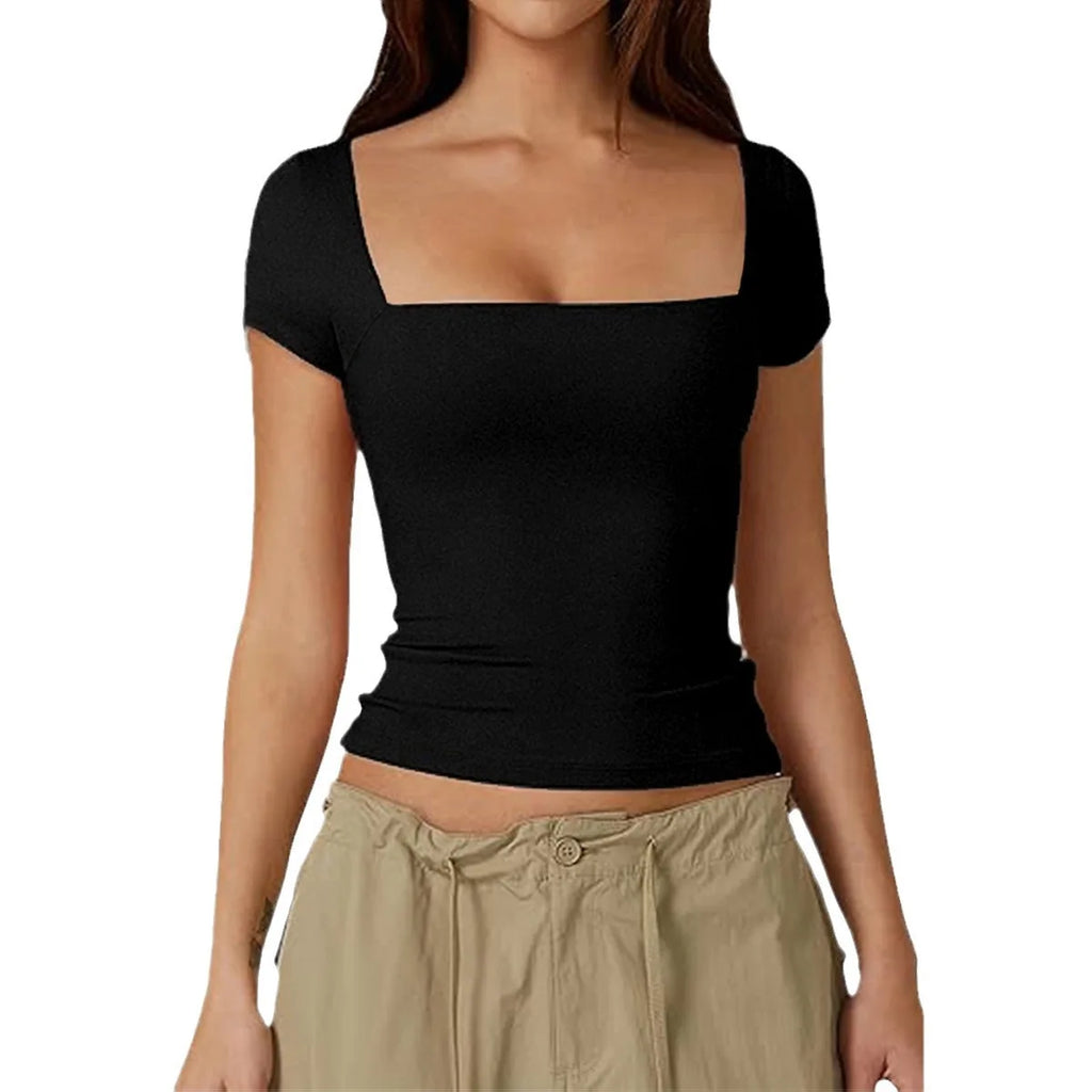 New Arrival Hot Seller 2024 Spring/Summer T-Shirt Women's Casual Square Neck Solid Color Slim-Fit Crop Top Short Sleeve