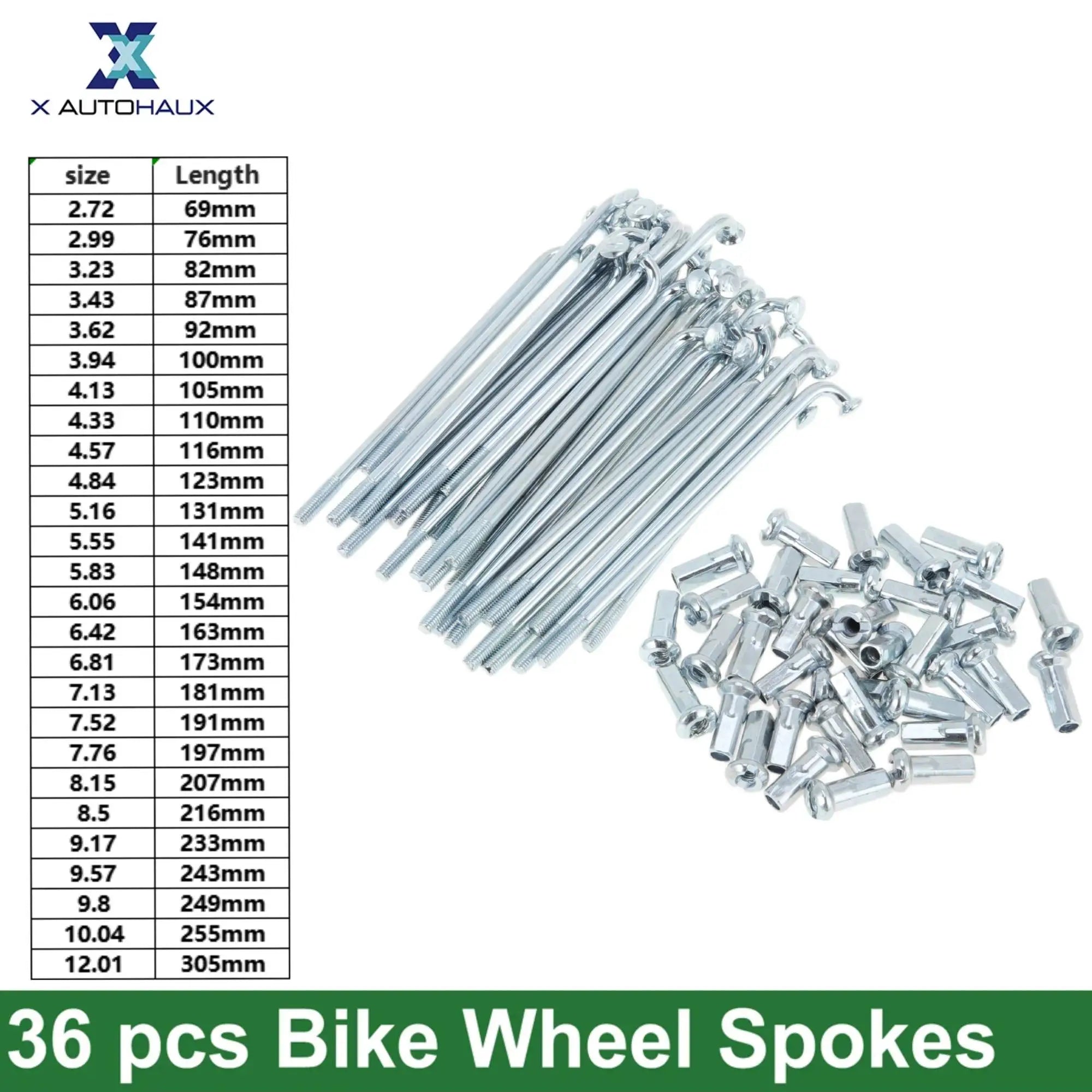 X Autohaux 36pcs 12G J Bend Bicycle Steel Spokes 69mm 76mm 82mm 87mm 92mm 100mm 105mm-249mm Cycle Spokes with Nipples
