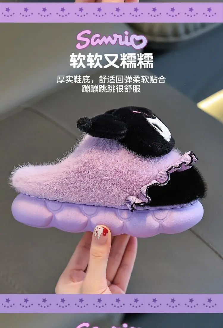 Sanrio Kawaii Girls Plush Slippers Cute Kuromi Hello Kitty My Melody Cartoon Student Winter Home Indoor Anti-Slip Warm Shoes