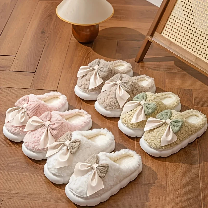Women'S Bow Designed Fleece-Lined Slippers Soft Sole, Quiet Wear, All-Season Comfort, Ideal for Home Use, Perfect Christmas Gift